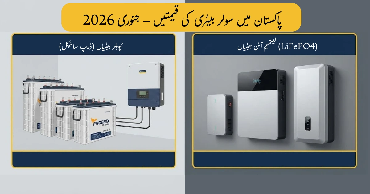 Solar battery price in Pakistan 2026 showing tubular and lithium battery comparison for home solar systems